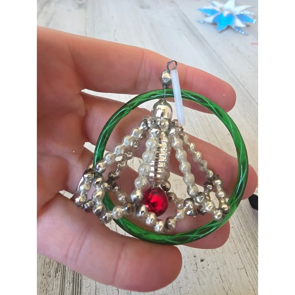 Antique czech beaded glass green silver ornament Xmas tree